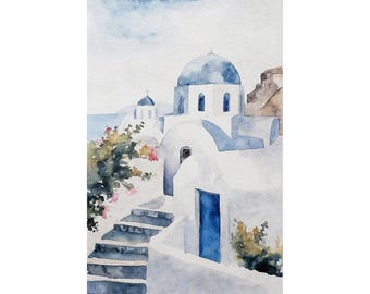 Santorini Watercolor Art Print: Greek Blue Roofs, Mediterranean Coastal Town