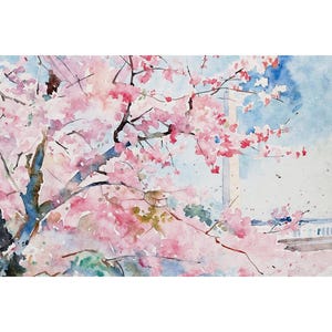Impresión de acuarela del Monumento a Washington, pintura de cerezo, arte mural de primavera en Washington D. C.