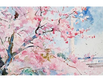 Washington Monument Watercolor Print Cherry Tree Painting Spring Washington DC Wall Art