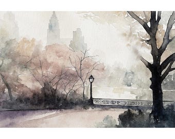 Watercolor Central Park Art Print: Neutral New York Cityscape