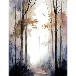Foggy Forest Watercolor Art Print Misty Grove Painting Neutral Wall Art image 1