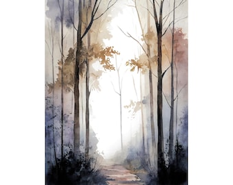 Foggy Forest Watercolor Art Print Misty Grove Painting Neutral Wall Art