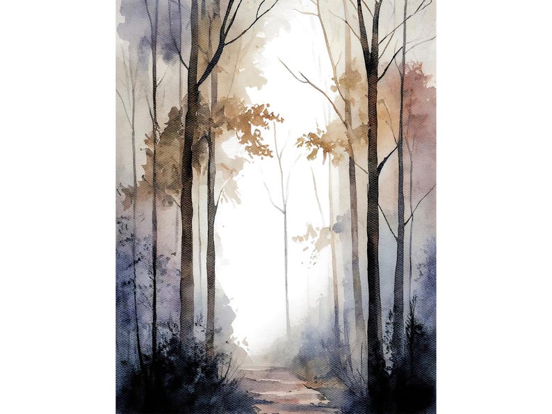 Foggy Forest Watercolor Art Print Misty Grove Painting Neutral Wall Art image 1