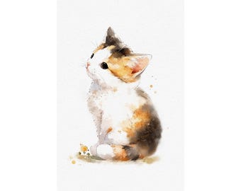 三毛猫の絵画 子猫の水彩画 プリント かわいい子猫のアートワーク