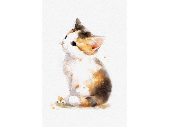 三毛猫の絵画 子猫の水彩画 プリント かわいい子猫のアートワーク
