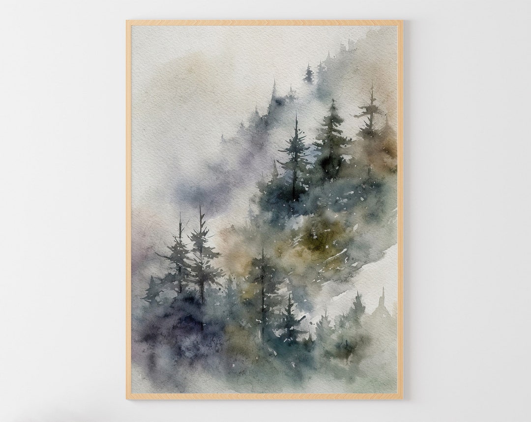 Foggy Forest Painting Forest Mountain Watercolor Misty Forest Wall Art ...