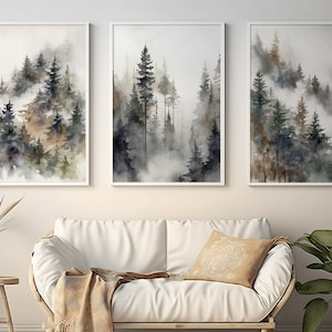 Kiefern 3er Set Aquarell Bilder Wald Landschaft Nebligen Wald Wand Kunst Kiefernwald Malerei
