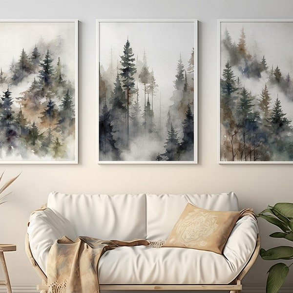 Pine Trees Set Of 3 Watercolor Prints Forest Landscape Foggy Forest Wall Art Pine Forest Painting