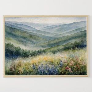 ブルーリッジ山脈の水彩画、ノースカロライナの風景、野生の花の絵画、アパラチア高地のアートワーク、自然の壁画