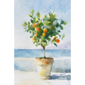 Stampa ad acquerello di un albero d'arancio, paesaggio marino greco, arte murale mediterranea, opera d'arte costiera, regalo di viaggio in Grecia