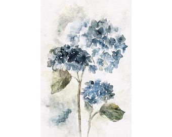 May include: A watercolor painting of a hydrangea flower with two clusters of blue and indigo petals on a thin brown stem. The artwork features two green leaves and a soft, muted, abstract wash of gray and beige tones in the background.