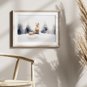 May include: A watercolor painting of a red fox sitting in a snowy forest. The fox is looking to the right, and the background is a soft blue and white.