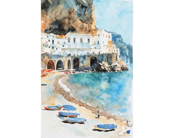 Amalfi Coast Watercolor Painting Atrani Art Print Italian Landscape Europe Travel Poster