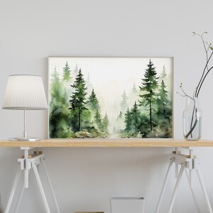 Evergreen Trees Painting Pine Forest Watercolor Misty Forest Art Print ...