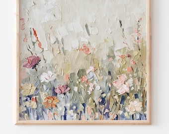 Impresión al óleo de flores silvestres, pintura de prado de verano, arte mural floral neutro