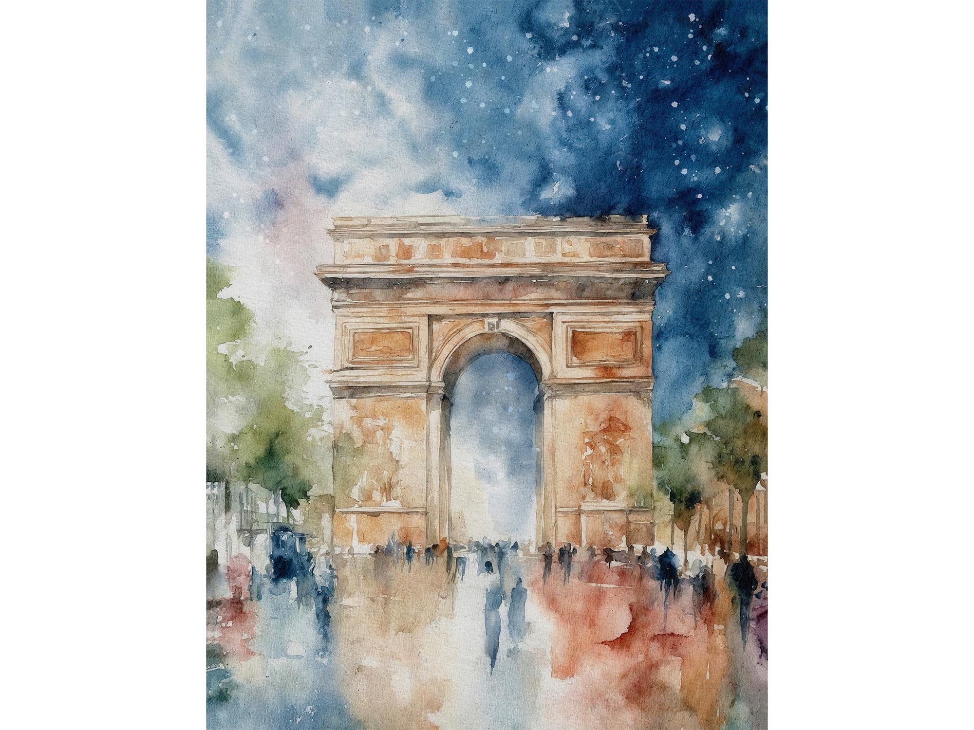 パリ凱旋門の水彩画アートプリント：夜の街並みのポスター - Etsy 日本