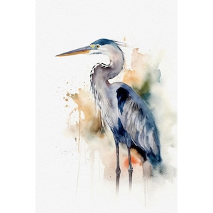 Heron Watercolor Painting Great Blue Heron Art Print Coastal Bird Poster Nautical Bird Wall Art image 1