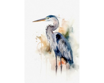 Heron Watercolor Painting Great Blue Heron Art Print Coastal Bird Poster Nautical Bird Wall Art