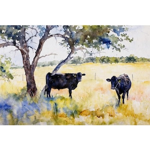 Black Cow Watercolor Painting Texas Landscape Farmhouse Wall Art Countryside Artwork Ranch Wall Decor image 1