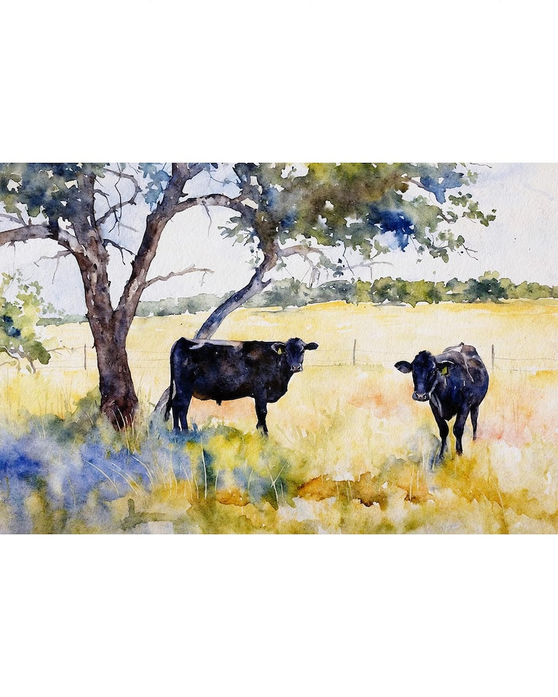 Black Cow Watercolor Painting Texas Landscape Farmhouse Wall Art Countryside Artwork Ranch Wall Decor image 1