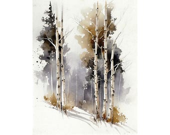 Birch Forest Watercolor Painting Birch Art Print Winter Forest Wall Art Forest Landscape Nature Poster