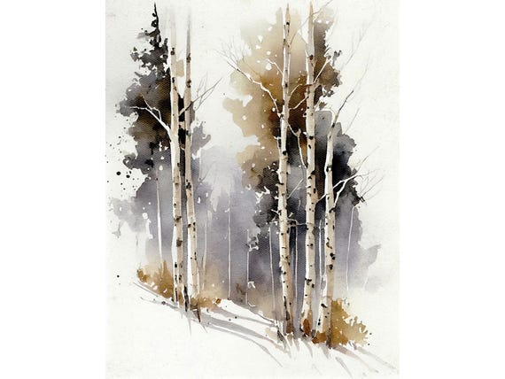 Birch Forest Watercolor Painting Birch Art Print Winter Forest Wall Art Forest Landscape Nature Poster