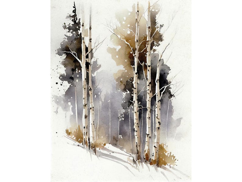 Birch Forest Watercolor Painting Birch Art Print Winter Forest Wall Art Forest Landscape Nature Poster image 1
