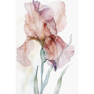 紫色のアイリスの絵画 花の水彩画 花のアートプリント 庭の花のアートワーク ニュートラルな花の壁アート
