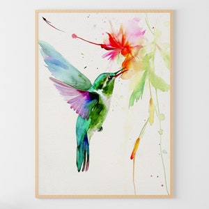 Hummingbird Watercolor Poster Tropical Bird Painting Flowers Art Print Little Bird Poster Nature Wall Art