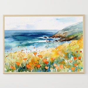 Paysage californien, peinture pavot, impression d'art Big Sur, côte californienne, aquarelle pavot jaune, affiche