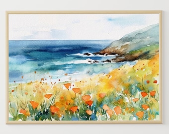 California Landscape Poppy Painting Big Sur Art Print California Coast Watercolor Yellow Poppy Poster