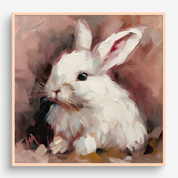 Baby Rabbit Oil Painting White Rabbit Artwork Animal Wall Art White Cute PRINT from an oil painting