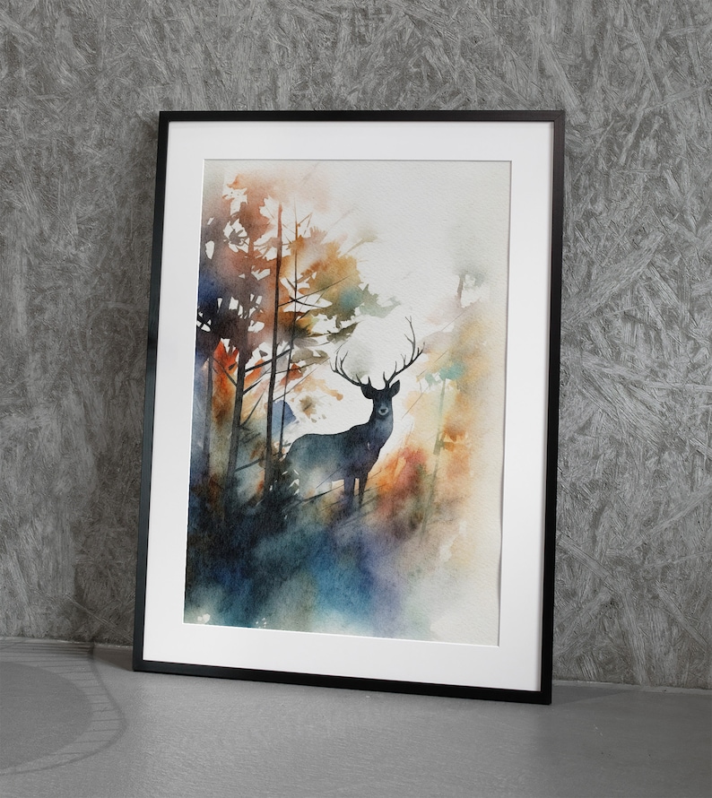 May include: A watercolor painting of a deer standing in a forest. The deer is silhouetted against a background of trees and foliage. The colors are muted and blend together, creating a sense of depth and atmosphere.