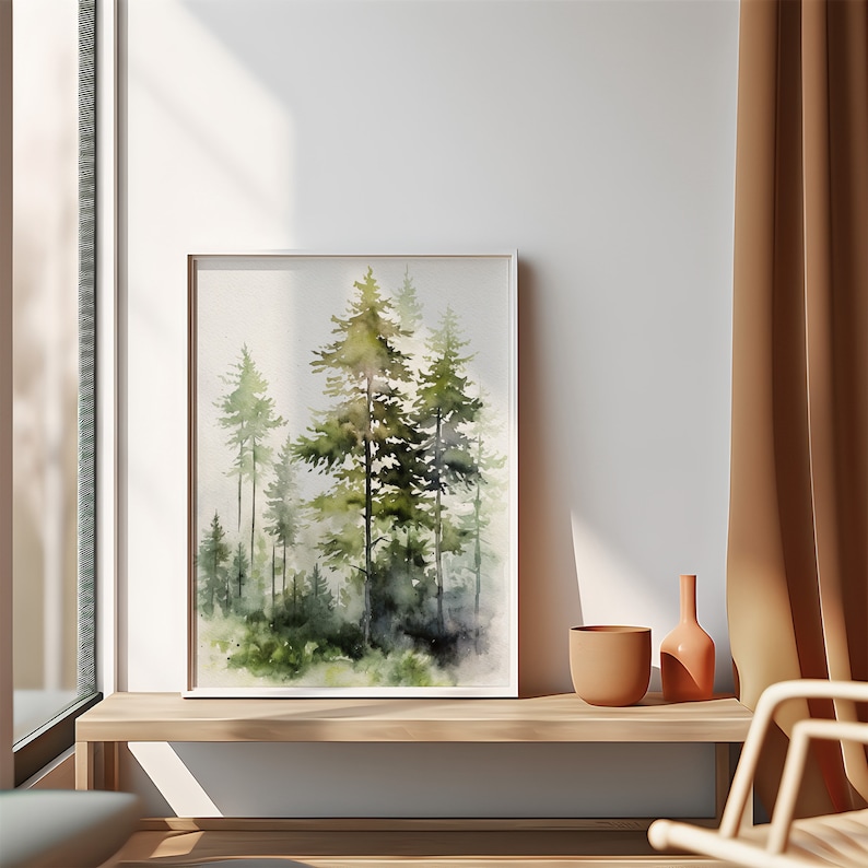 Pine Tree Watercolor Painting Vermont Landscape Foggy Forest Wall Art Forest Art Print Pine Trees Poster image 5