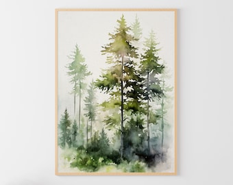 Pino albero pittura ad acquerello Vermont paesaggio foresta nebbiosa parete arte foresta stampa artistica poster di alberi di pino