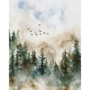 松の木の森の水彩画アートプリント 霧のかかった常緑樹の風景 飛ぶ鳥の絵画 自然の壁アート 農家の壁装飾