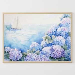 Cape Cod aquarel print Nantucket schilderij hortensia poster nautische muur kunst zeilboot artwork strandhuis muur decor