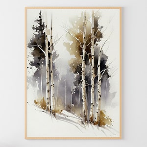 Birch Forest Watercolor Painting Birch Art Print Winter Forest Wall Art Forest Landscape Nature Poster