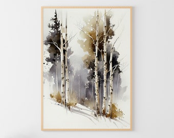 Birch Forest Watercolor Painting Birch Art Print Winter Forest Wall Art Forest Landscape Nature Poster