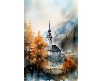 Pintura de acuarela de iglesia, paisaje campestre, capilla antigua, impresión artística, póster de iglesia histórica