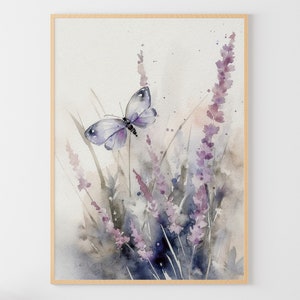 蝶の絵画 ラベンダー 水彩画 野の花 ウォールアート 花のアートプリント 草原のポスター