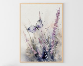 Butterfly Painting Lavender Watercolor Wildflowers Wall art Floral Art Print Meadow Poster