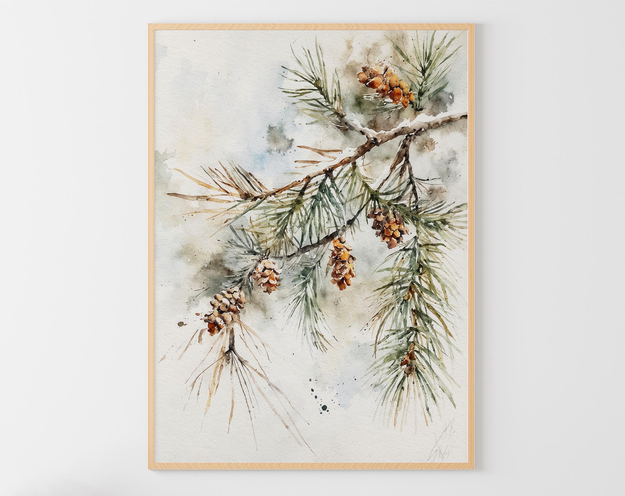 松の枝の水彩画、常緑樹のアート、雪の森の壁装飾 - Etsy 日本