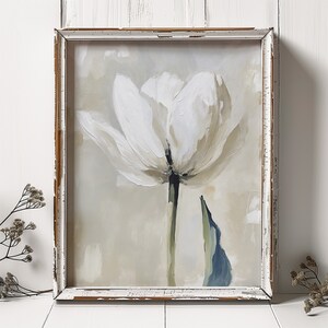 White Tulip Oil Painting Floral Wall Art Flowers Artwork Neutral Beige ...