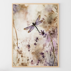 Dragonfly Watercolor Painting Lavender Artwork Floral Wall Art Insect Art Print
