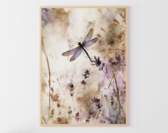 Dragonfly Watercolor Painting Lavender Artwork Floral Wall Art Insect Art Print