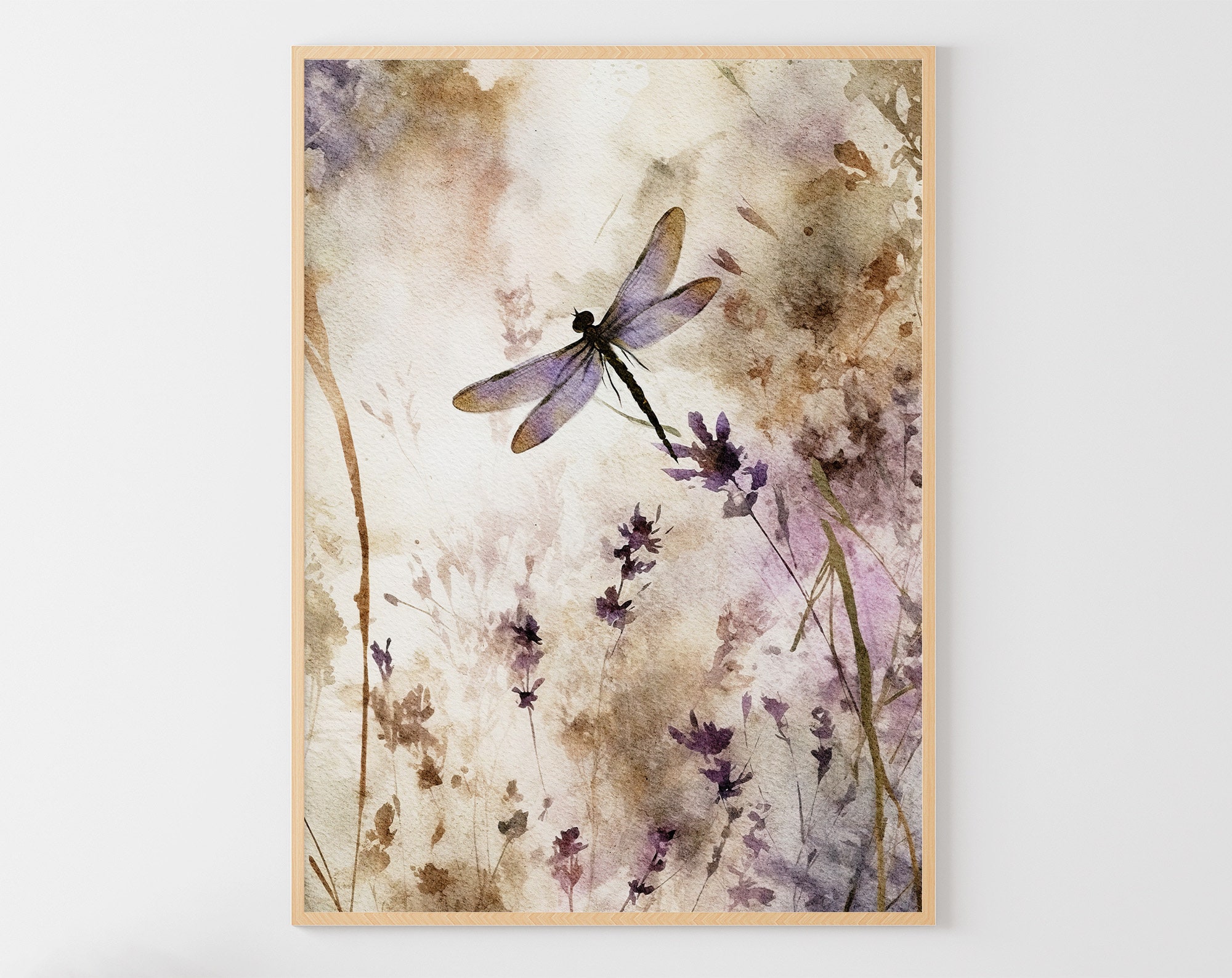 Dragonfly Watercolor Painting Lavender Artwork Floral Wall Art