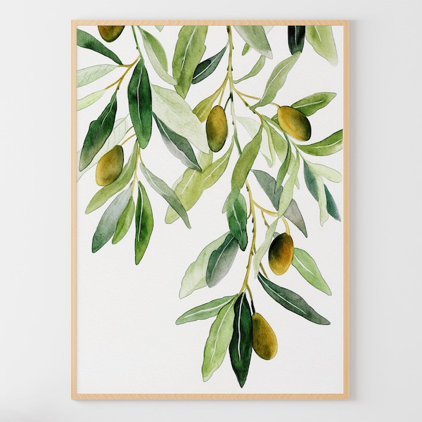 Olive Branch Watercolor Painting Neutral Botanical Art Print Kitchen Wall Art Olive Tree Poster