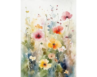Wildblumen Aquarell Druck Frühling Wiese Malerei Blumen Wandkunst
