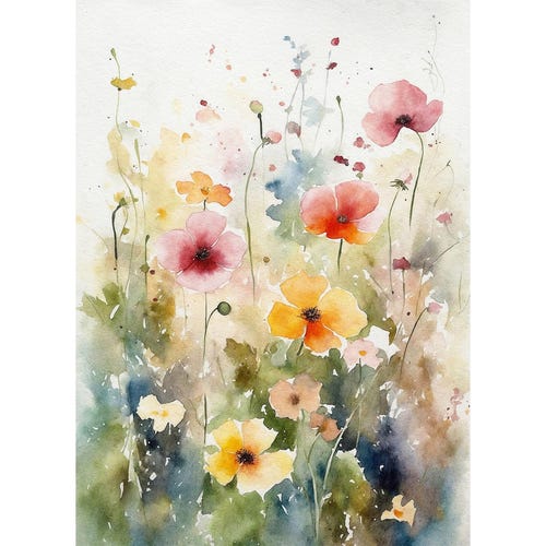 Wildflowers Watercolor Print Spring Meadow Painting Floral Wall